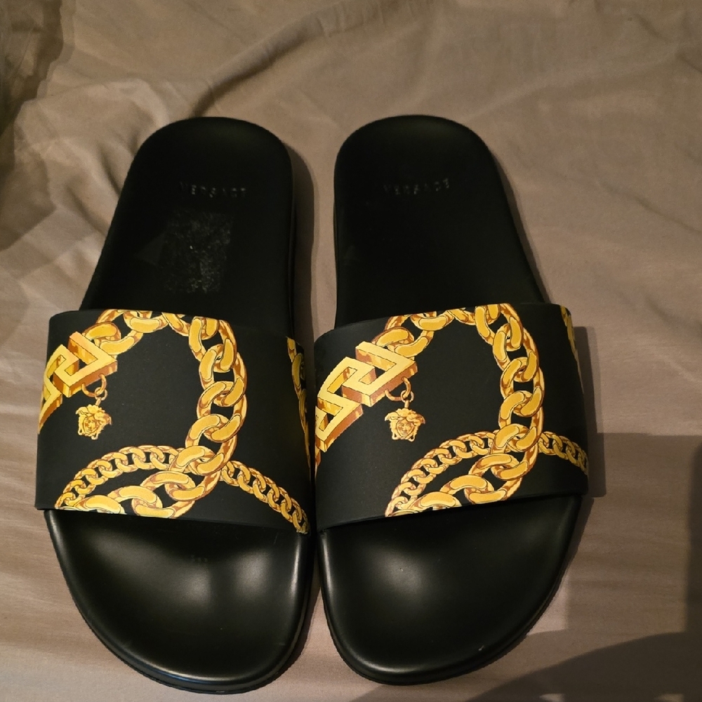 Versace Black and Gold Chain Slide Sandals
